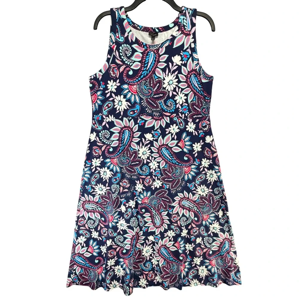 Talbots Sleeveless A Line Jersey Midi Dress XL Blue Purple Paisley Euro Summer - Picture 2 of 12
